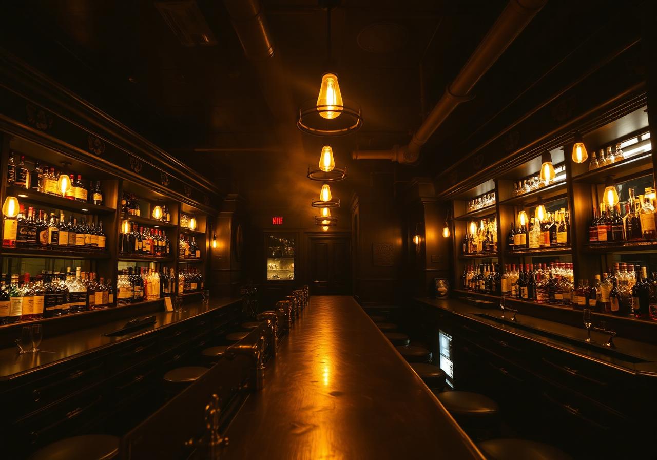 Ghost Town bar area with backlit bourbon shelves and Edison bulbs
