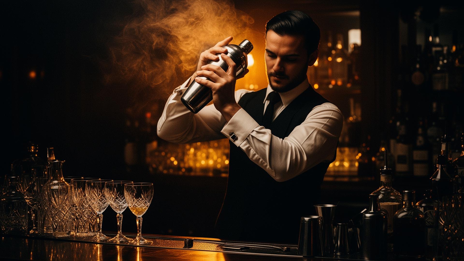 Master mixologist shaking a cocktail in a dimly lit speakeasy