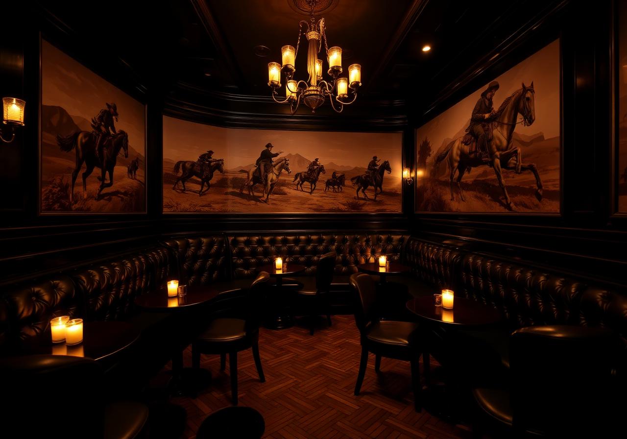 Ghost Town tufted leather booth seating with frontier murals and chandelier